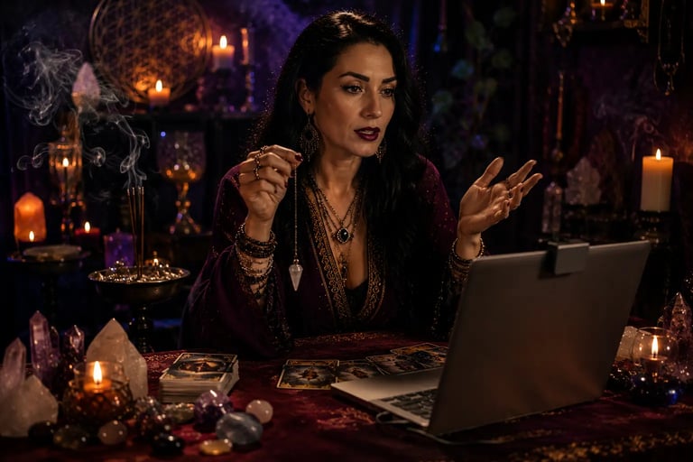 Mulher faz consulta online de Tarot por vídeo chamada no celular