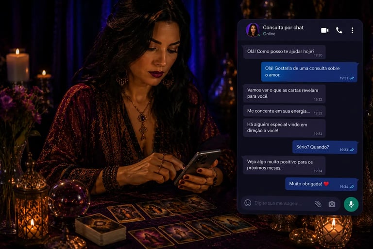 Mãos digitando no celular em consulta de cartomante por chat
