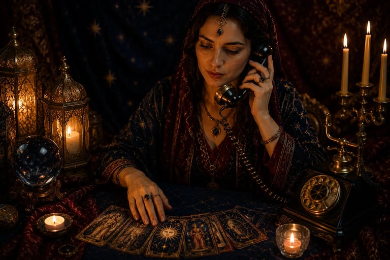 Especialista realizando uma cartomante consulta por telefone em ambiente acolhedor