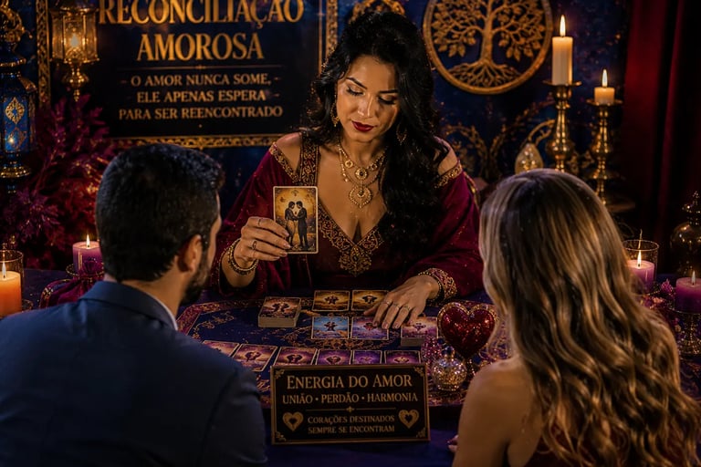 Cartomante realizando consulta de Tarot para reconciliação amorosa de casal