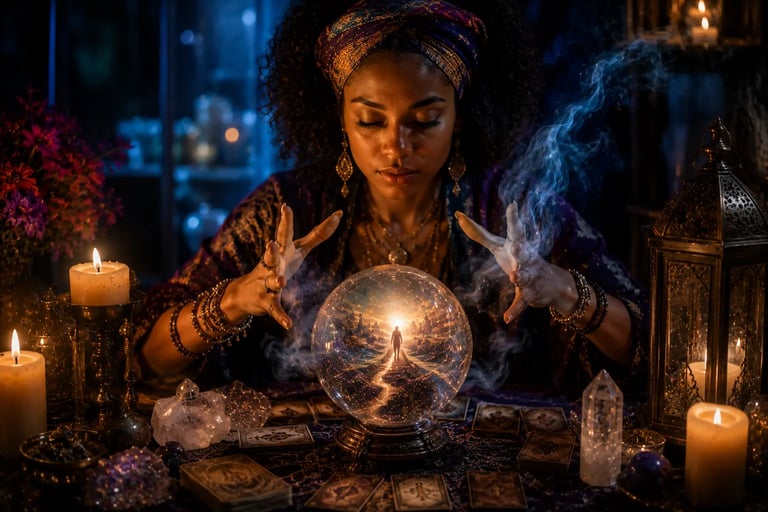 Cartomante realizando consulta sobre futuro com tiragem de tarot para revelar caminhos e decisões