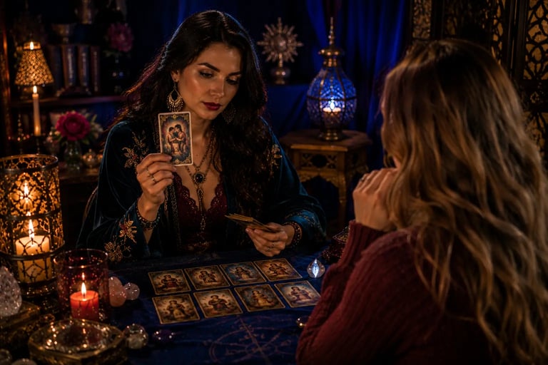 Cartomante realizando consulta de Tarot do Amor com foco em previsões afetivas e aconselhamento 