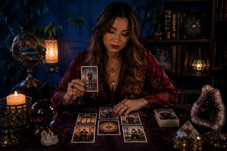 Cartomante realiza consulta com cartas de tarot focada em vida profissional