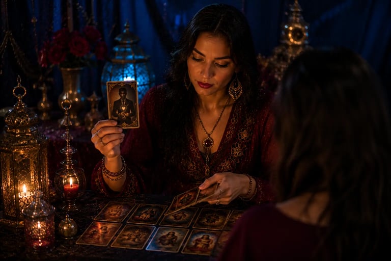 Cartomante profissional realizando jogo de cartas para descobrir sentimentos dele e intenções 