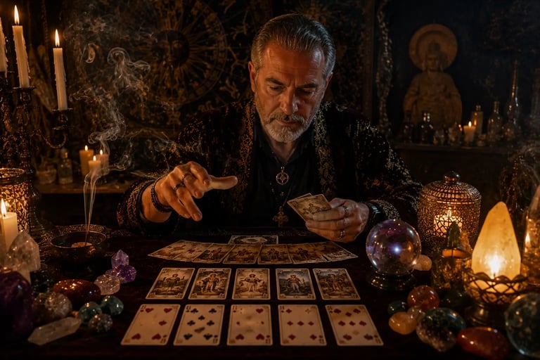 Cartomante experiente em consultas com cartas online realizando tiragem de tarot através de video