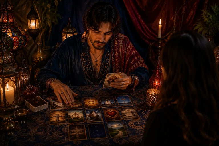 cartomante fazendo leitura com cartas ciganas sobre mesa decorada, interpretando os símbolos 