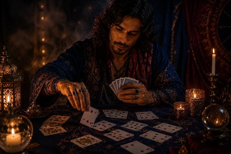 Cartomante fazendo leitura com cartas comuns de baralho em consulta detalhada para previsão 
