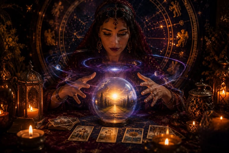 Cartomante fazendo previsões para o futuro com olhar atento às cartas de tarot
