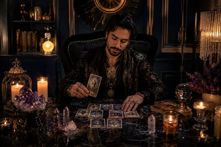 Mãos de tarólogo embaralhando cartas de tarot com alta taxa de acerto nas previsões.