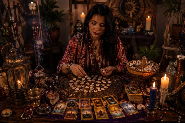 Mesa com jogo de búzios e cartas ciganas abertas em consulta.