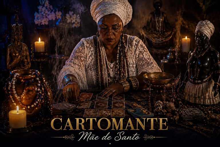 Mãe de Santo em atendimento particular de cartomancia jogando cartas de Baralho Cigano na mesa
