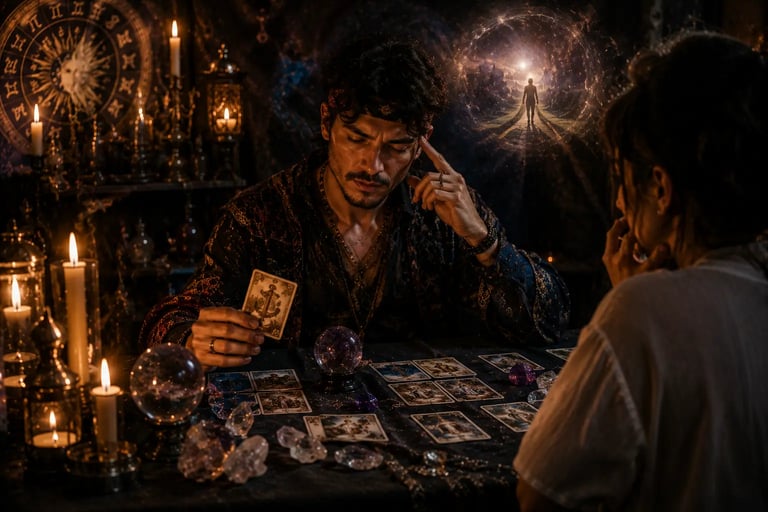 Cartomante médium vidente em consulta mediúnica, utilizando a sensibilidade espiritual e o tarot