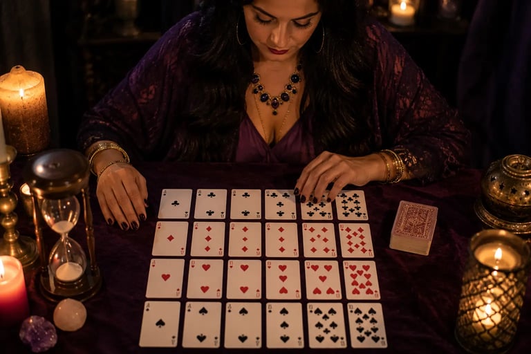 Cartomante aponta para os naipes de cartas de baralho comum sobre uma mesa.