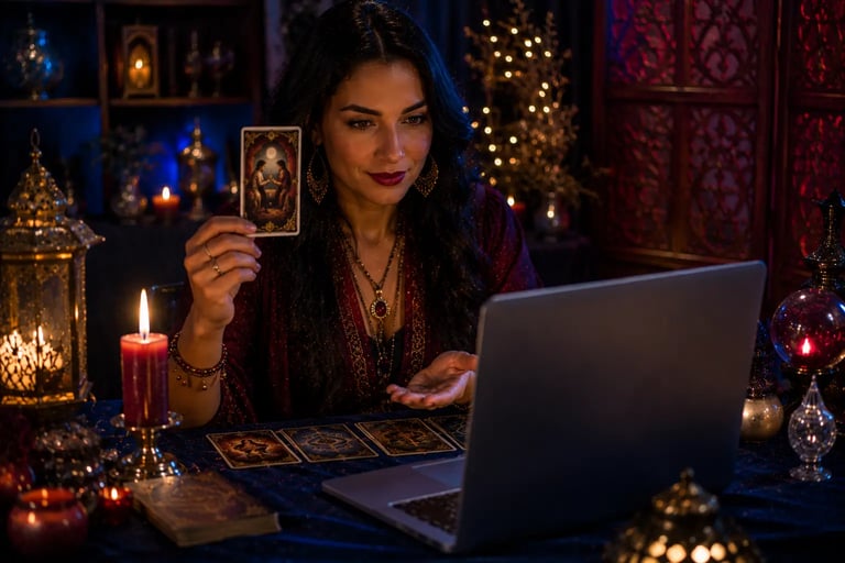 Cartomante online profissional realizando leitura amorosa detalhada com cartas de Tarot