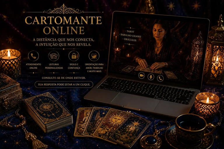 Mãos de cartomante online abrindo o baralho de tarot para previsão do futuro em consulta por vídeo