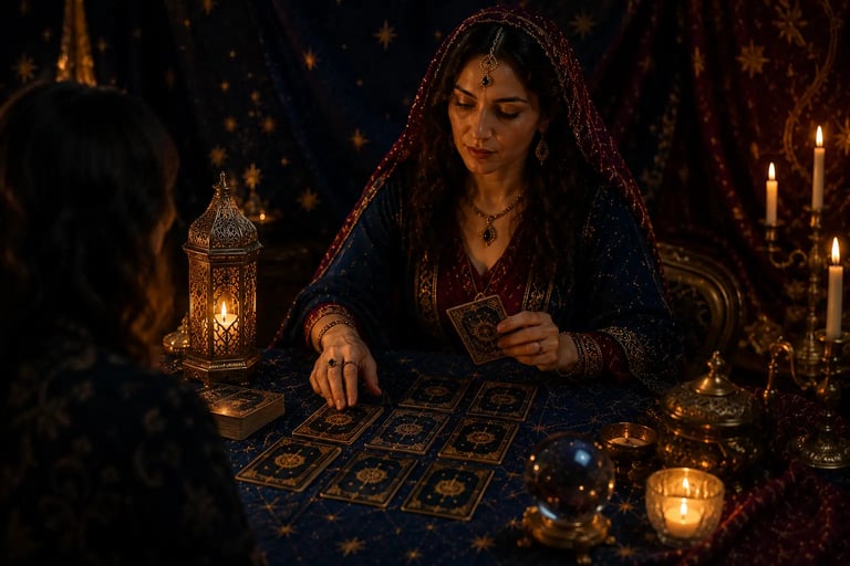 Mãos de cartomante que fala a verdade realizando a abertura das cartas para revelar detalhes 