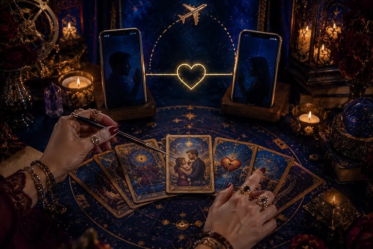 Cartomante realizando leitura de Tarot online para relacionamento à distância