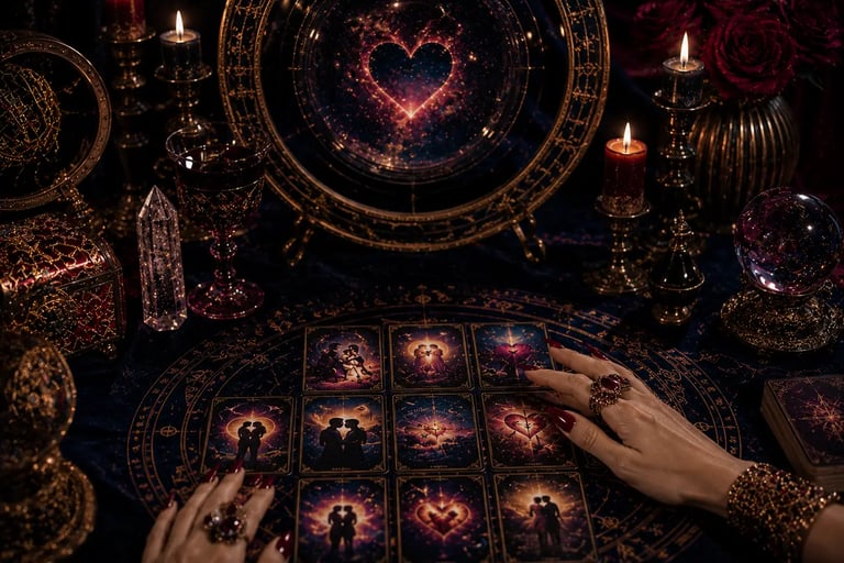 Cartomante realizando consulta de Tarot do amor online para orientação de relacionamento amoroso 