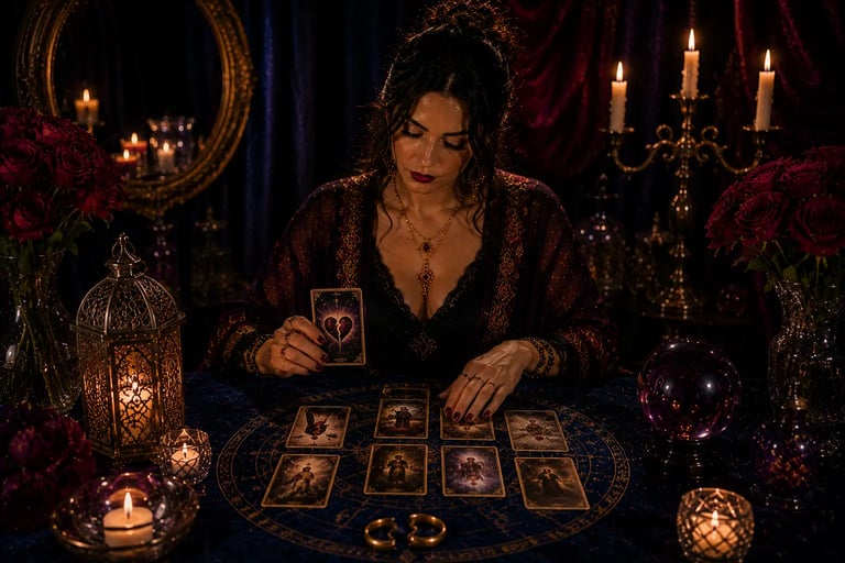 Cartomante realizando leitura de cartas sobre separação e divórcio