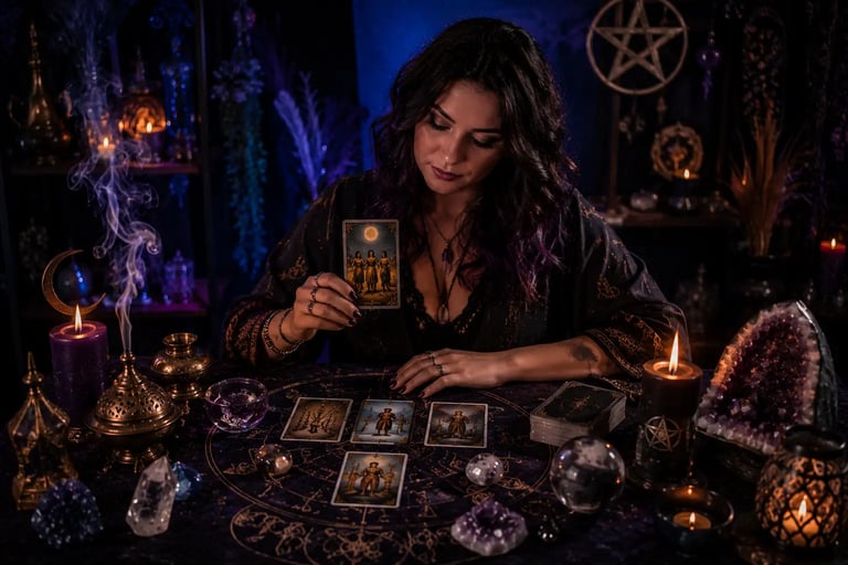 Cartomante analisa cartas de tarot sobre assuntos de família na mesa.