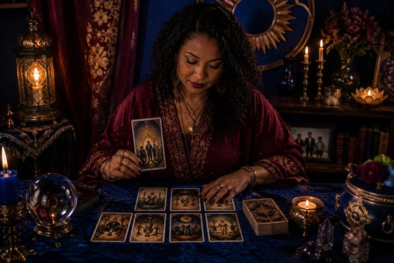 Cartomante analisa cartas de tarot sobre assuntos de família na mesa.