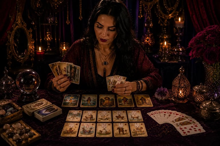 Cartomante faz leitura de cartomancia com cartas de Tarot e Baralho Cigano