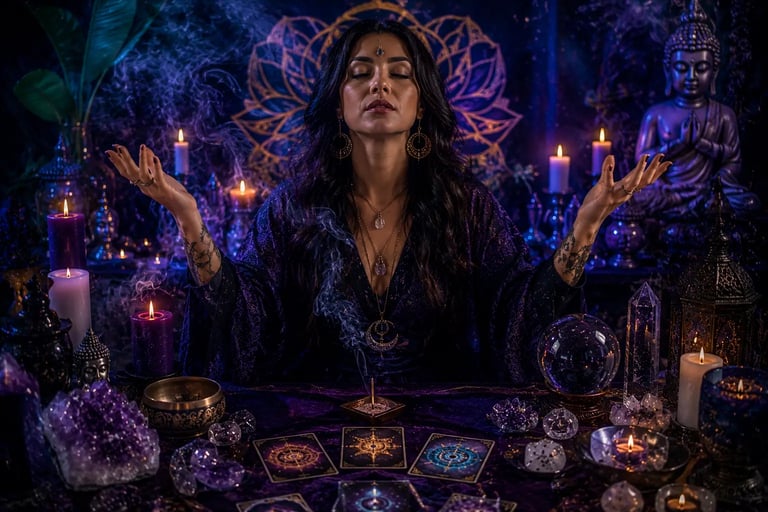 Cartomante conduz leitura de tarot focada em conexão espiritual