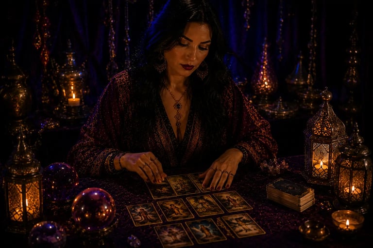 Cartomante tarólogo realizando leitura profissional espalhando as 78 cartas do Tarot sobre a mesa