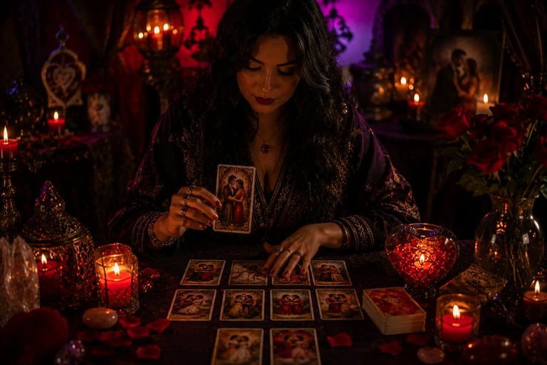 Cartomante tarólogo realizando consulta de tarot do amor online com cartas espalhadas sobre mesa