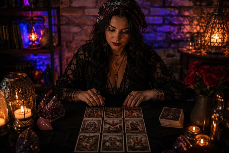 Três cartas de tarot alinhadas para leitura de amor sobre passado e futuro