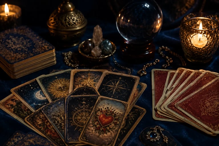 Cartomante exibe cartas de tarot e de baralho cigano juntas em uma leitura.