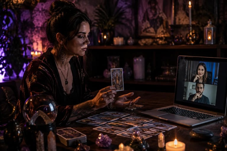 Mãos de cartomante mostrando carta de Tarot em frente à tela do notebook durante consulta online