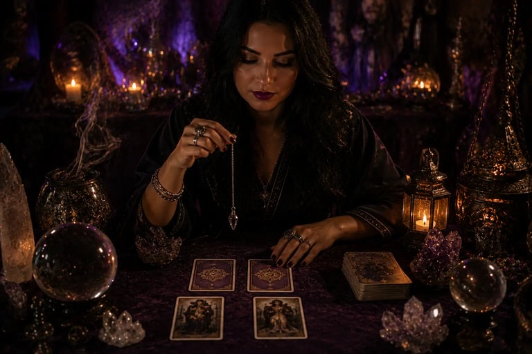Mão de cartomante segurando pêndulo sobre cartas de Tarot na mesa para responder  sim ou não 