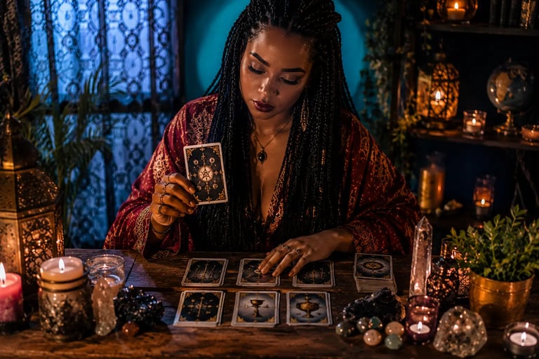 Cartomante responde a uma pergunta sobre dinheiro usando cartas de tarot.