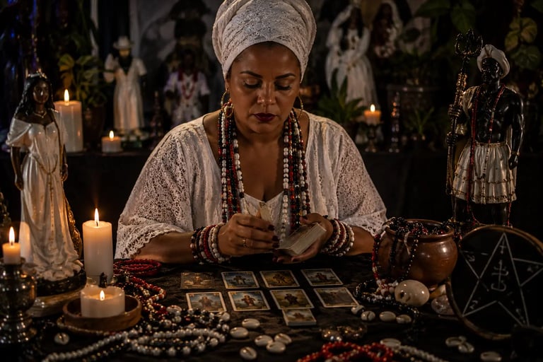 cartomante umbandista jogando cartas de baralho cigano em consulta