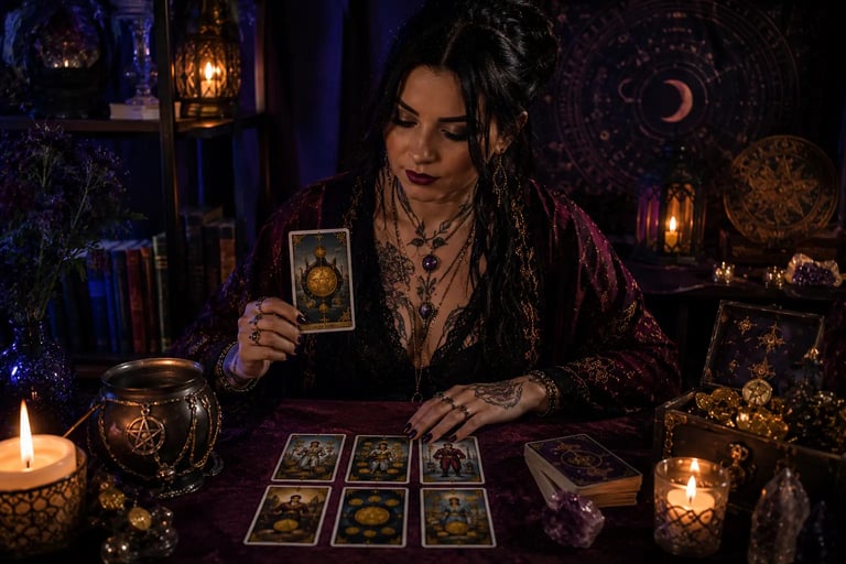 Cartomante faz leitura de tarot focada em vida financeira e dinheiro.