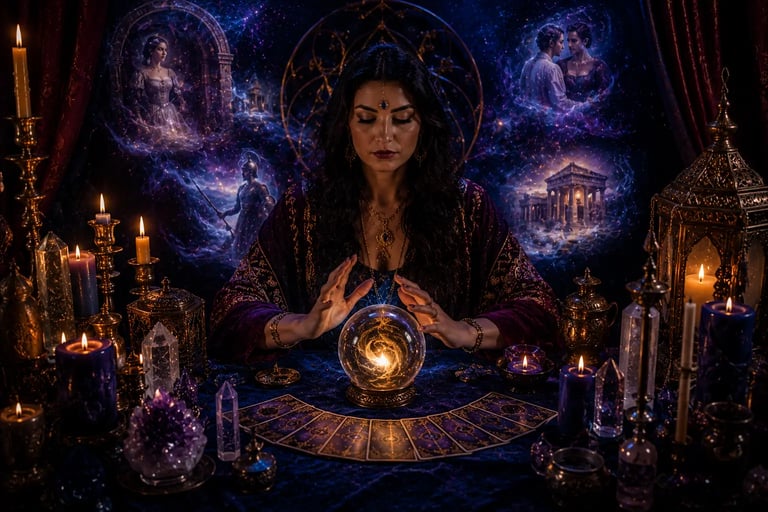Cartomante realiza leitura de tarot focada em carma e vidas passadas.