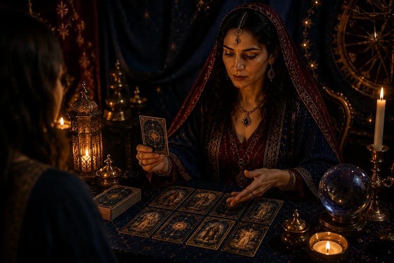 Cartomante vidente realizando consulta pessoalmente com cliente, analisando as cartas de tarot