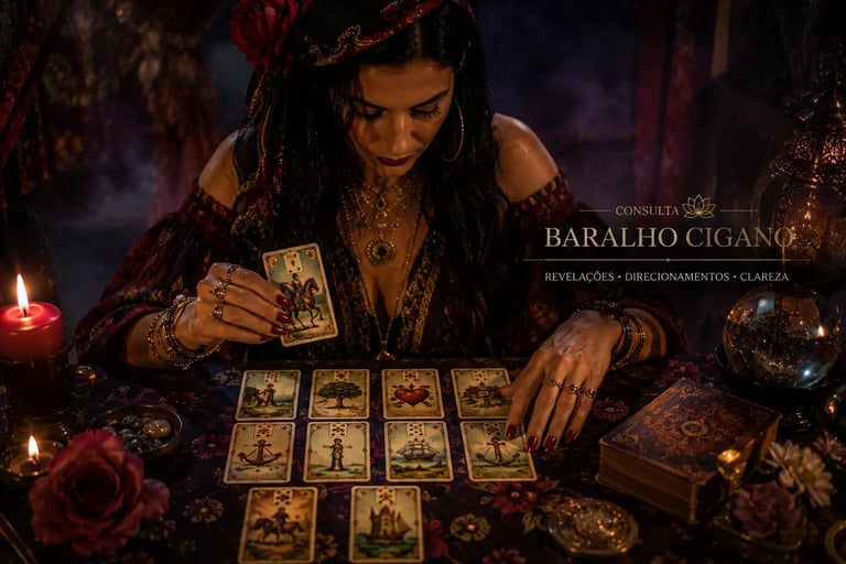 Mãos abrem cartas em uma consulta de baralho cigano com velas acesas