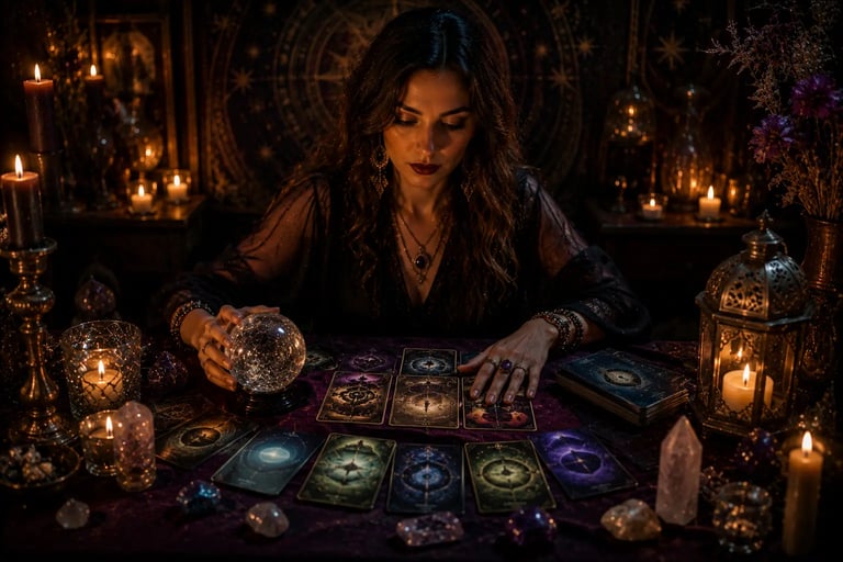 Especialista realizando consulta de oráculos sobre futuro com baralho cigano e tarot