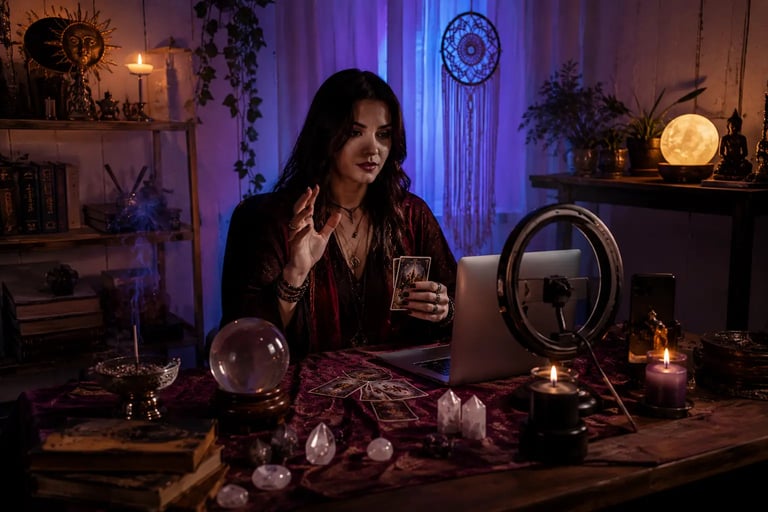 Tarólogo faz leitura de tarot online sobre vidas passadas na mesa