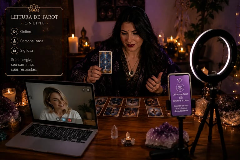 Tarólogo realiza leitura de tarot online através da tela de um notebook.