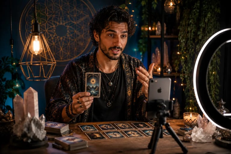 Tarólogo e cartomante realizando consulta online de cartas