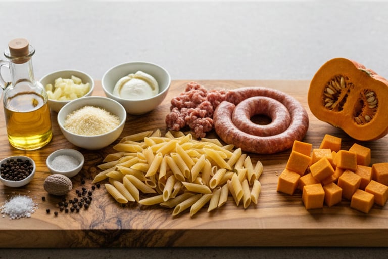 Penne pasta ingredients with Italian sausage, pumpkin cubes, olive oil, and cheese on a wooden board.