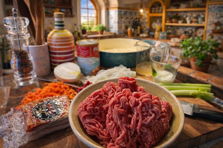 Fresh ground beef in a bowl with chopped vegetables and kitchen ingredients for a homemade recipe.