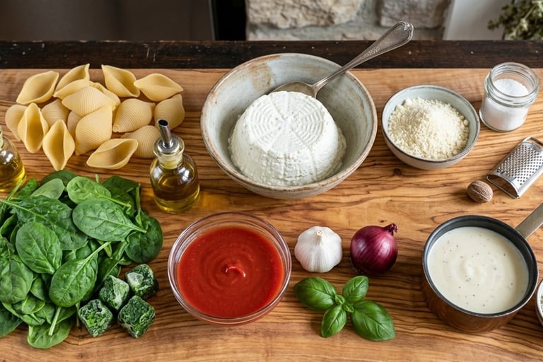 Ingredients for stuffed pasta shells with ricotta, spinach, marinara sauce, and olive oil on a wooden board.