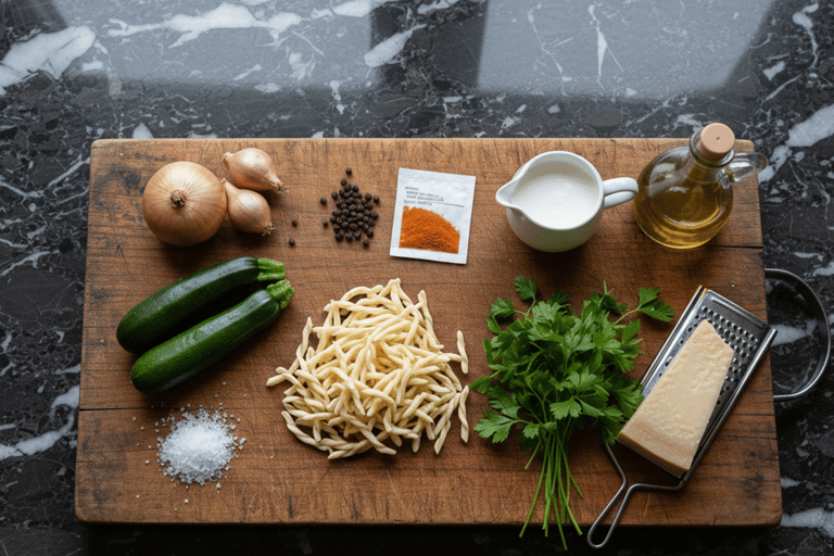 Fresh pasta ingredients with zucchini, onions, herbs, and parmesan on a rustic wooden cutting board.