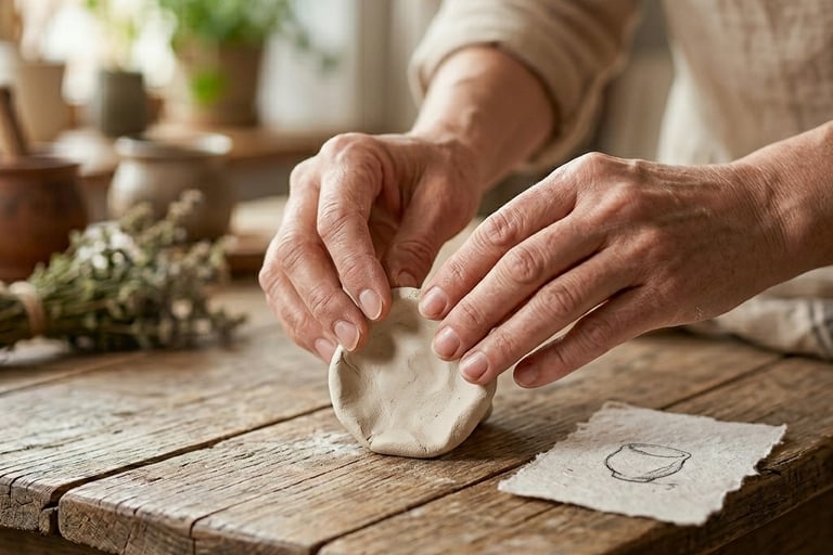 Oleiro artesanal moldando argila branca à mão sobre uma mesa rústica de madeira em um estúdio de cer