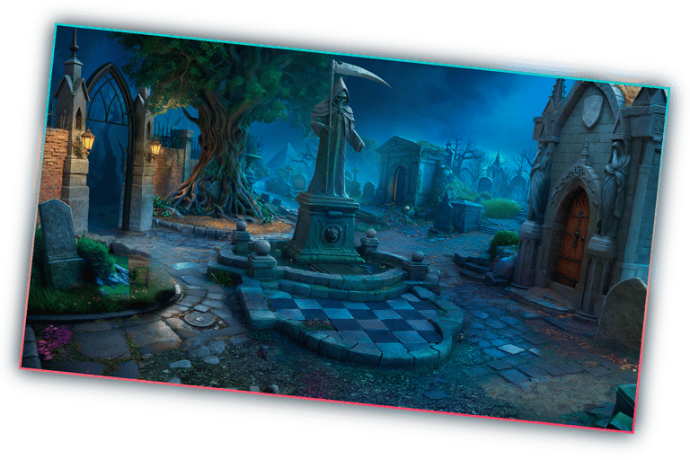 Gothic cemetery location from Gwen Black hidden object mystery game