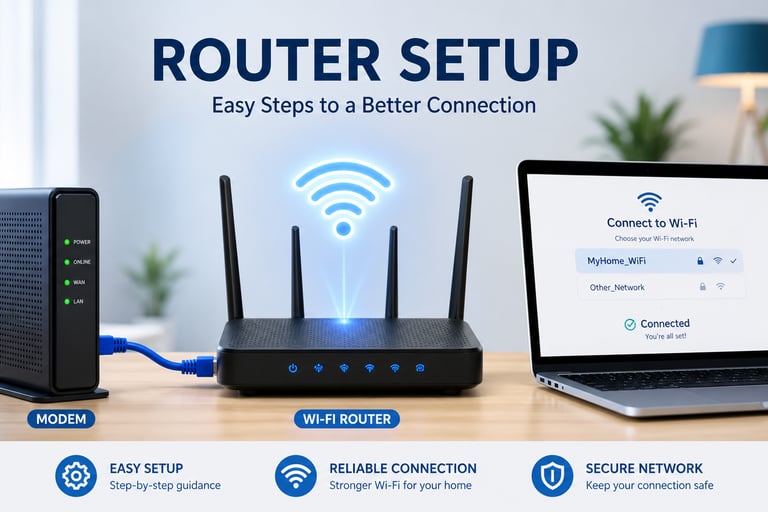 Home router connected to a modem with a Wi-Fi setup screen on a laptop.